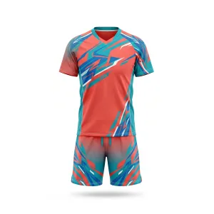 Front view of a coral red and teal blue graphic design badminton uniform set with matching shorts and v-neck jersey, suitable for athletic performance.