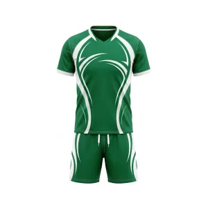Front and back views of a green and white V-neck badminton uniform set with abstract white graphics, designed for players.