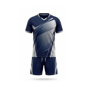 Spenix Sports Wear navy grey abstract badminton uniform set with V-neck jersey and matching shorts