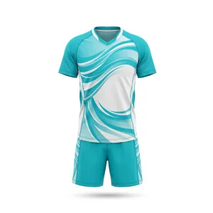 Turquoise and white swirl pattern badminton uniform, front and back view