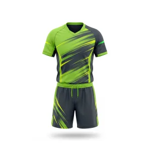 Front view of men's Spenix Sports Wear lime green and charcoal badminton uniform with yellow dynamic pattern