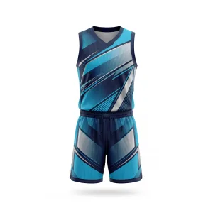 Front view of a Spenix Sports Wear blue geometric pattern basketball uniform set with jersey and shorts against a white background.