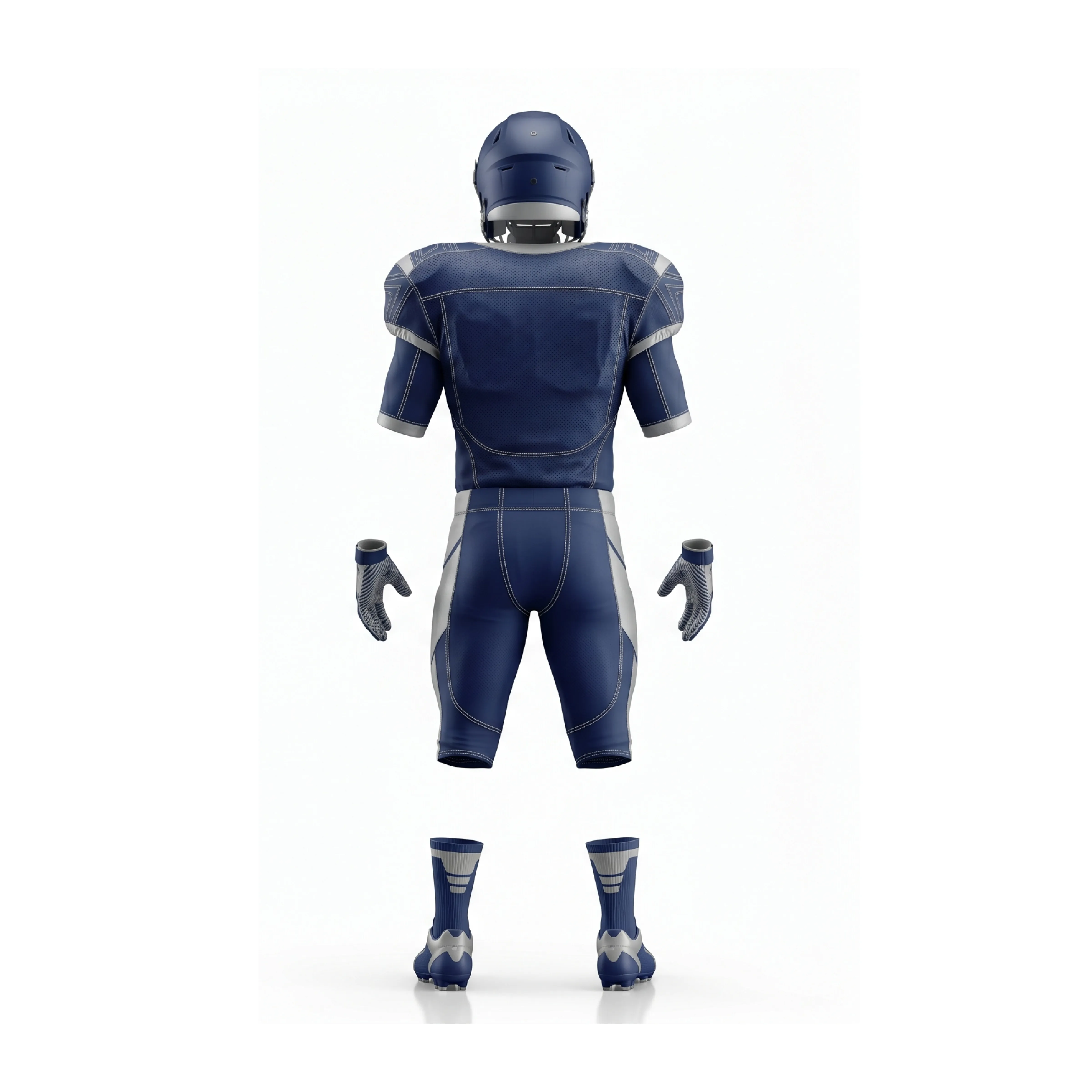 Front view of a complete navy blue and silver American football uniform set, including helmet, jersey, pants, gloves, and cleats. - view 2