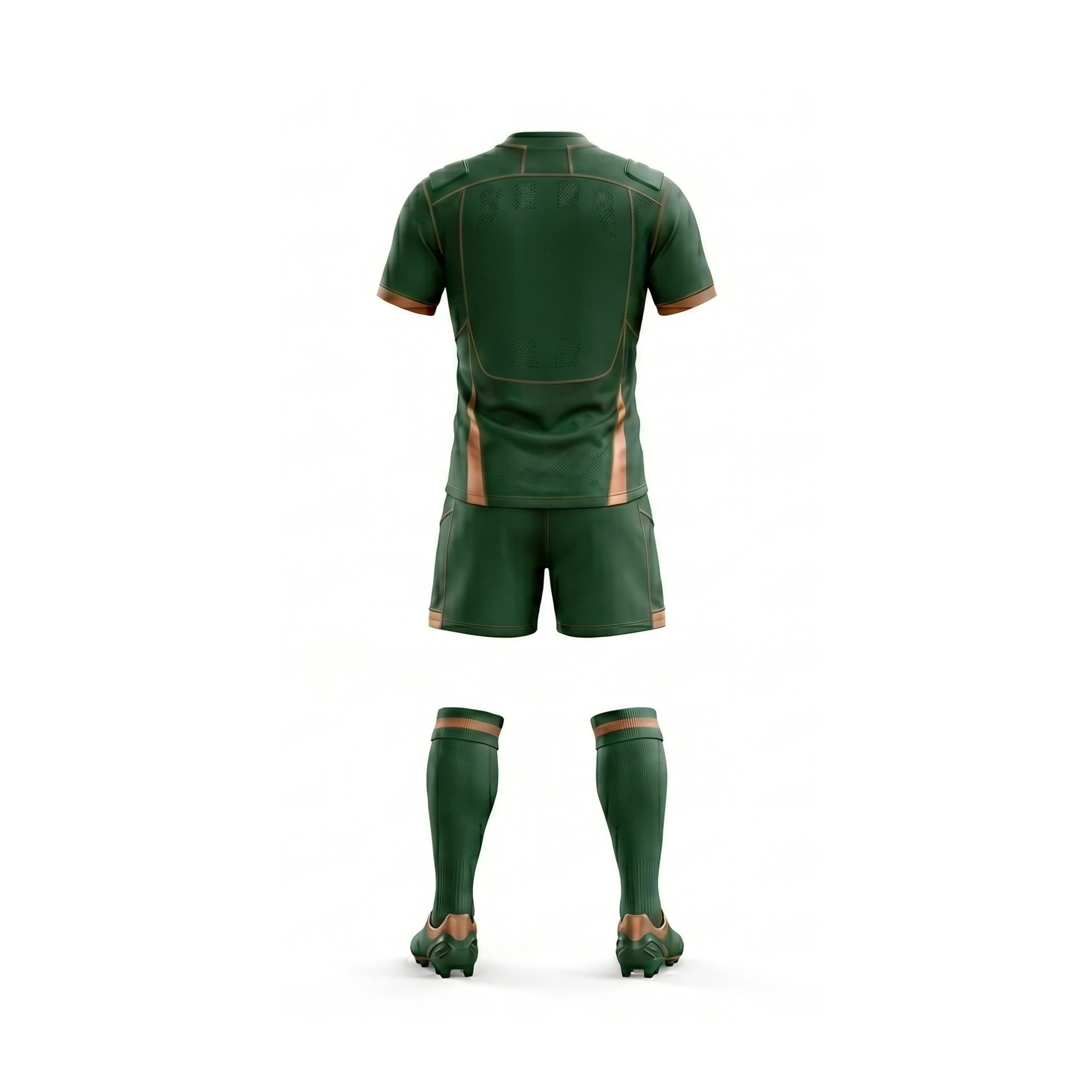 Dark green rugby uniform with orange accents, including jersey, shorts, socks, and cleats - view 2