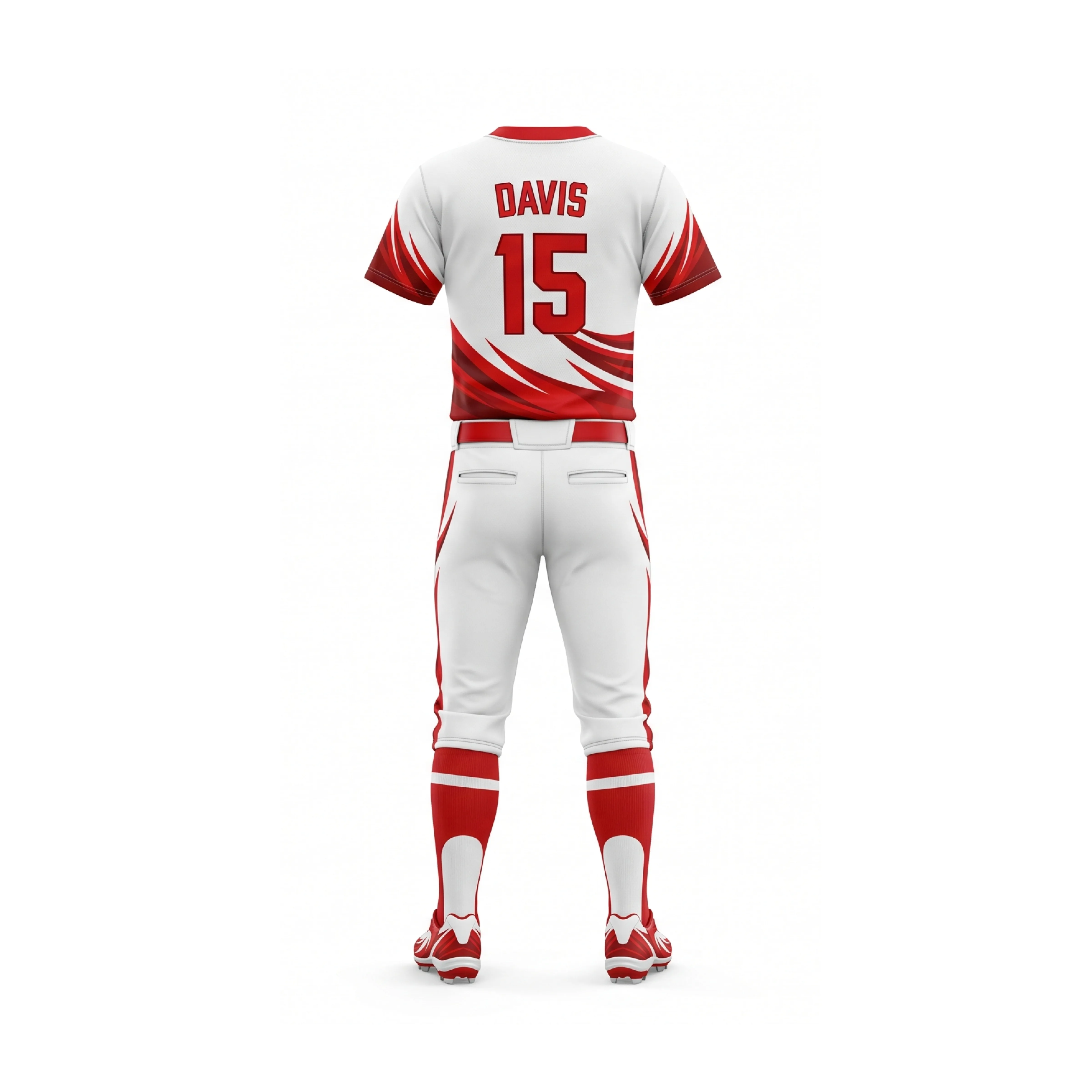 Front view of a white and red dynamic wave softball uniform set featuring 'RED WAVE 15' on the jersey and red accents. - view 2