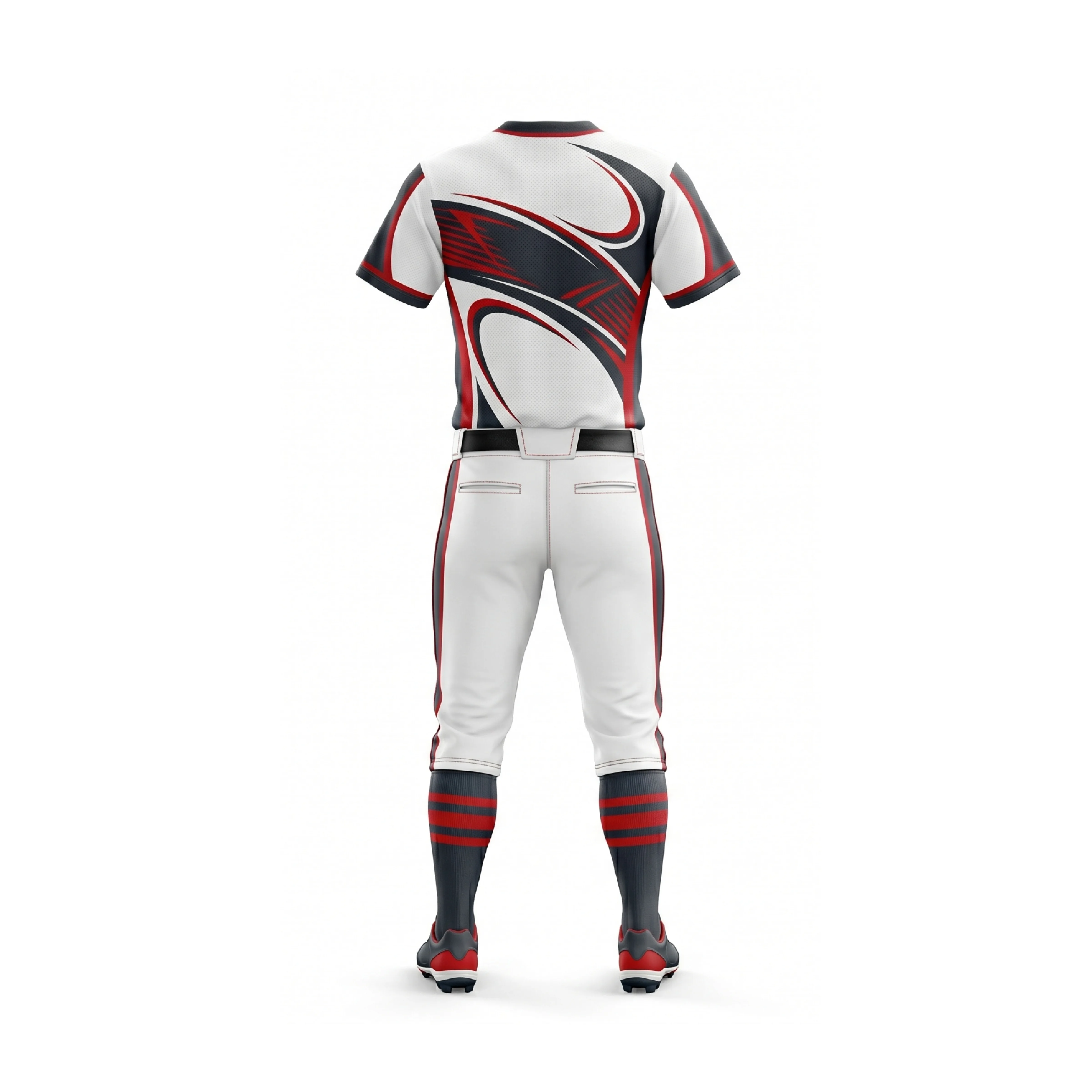 Front and back view of a White, Red, and Black Dynamic Swirl Softball Uniform with V-neck jersey and piped pants. - view 2
