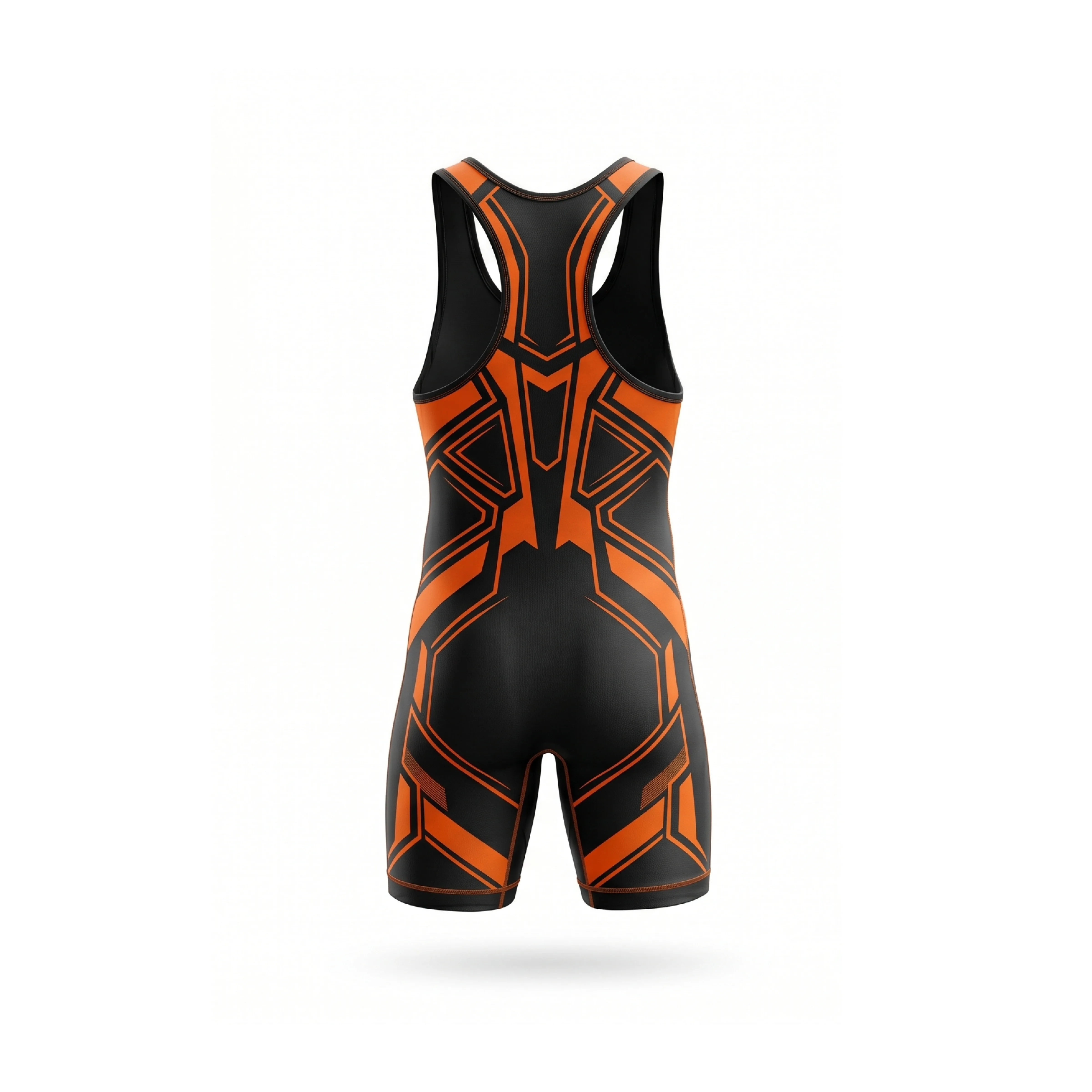 Black and orange geometric pattern wrestling singlet, front and back view - view 2