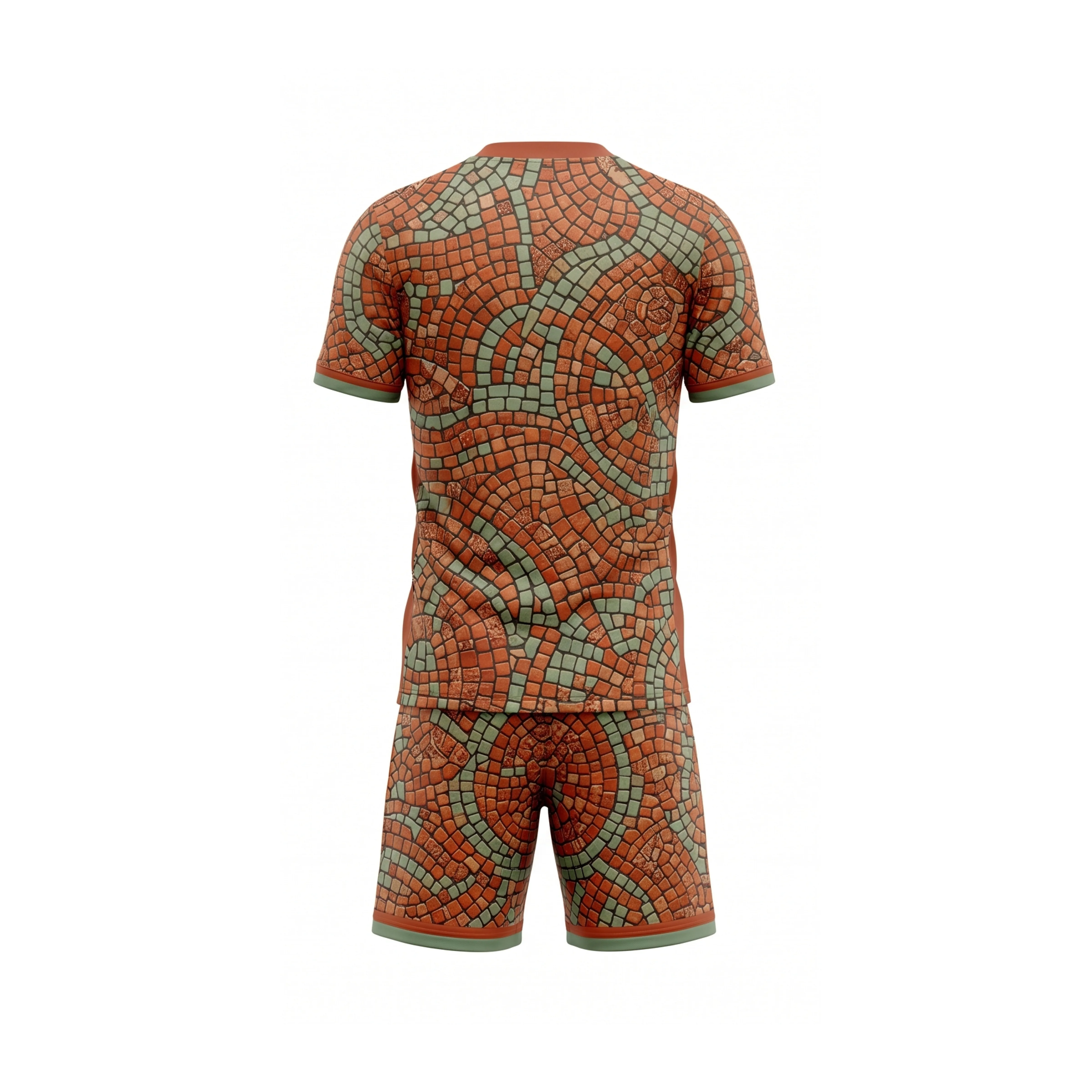 Front view of terracotta and teal mosaic pattern soccer uniform with short-sleeve jersey and matching shorts for team sports. - view 2