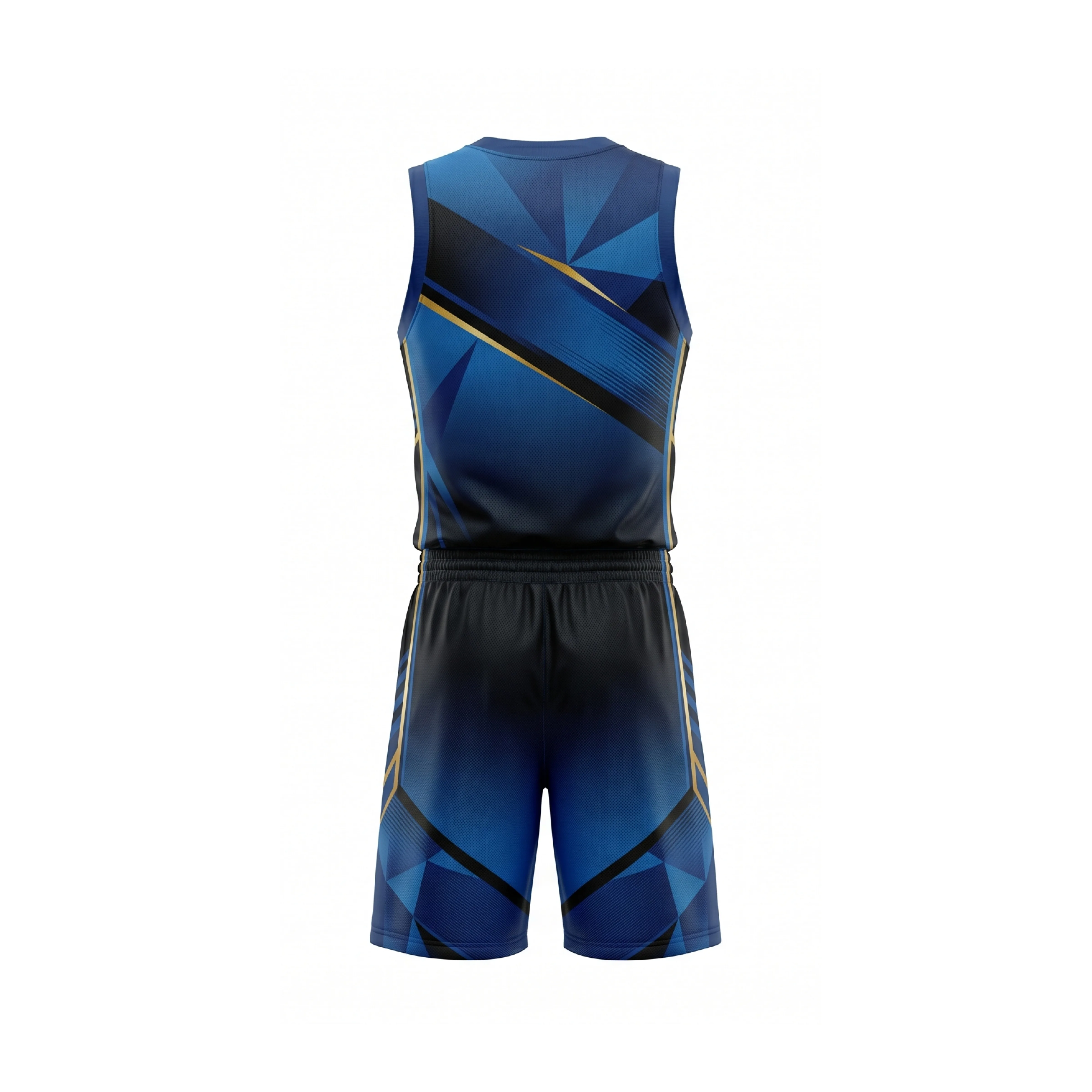 Front view of a blue and black gradient basketball uniform set with geometric patterns and gold lines, ideal for team sports. - view 2