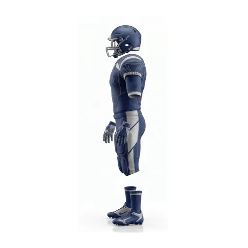 Front view of a complete navy blue and silver American football uniform set, including helmet, jersey, pants, gloves, and cleats. - view 3