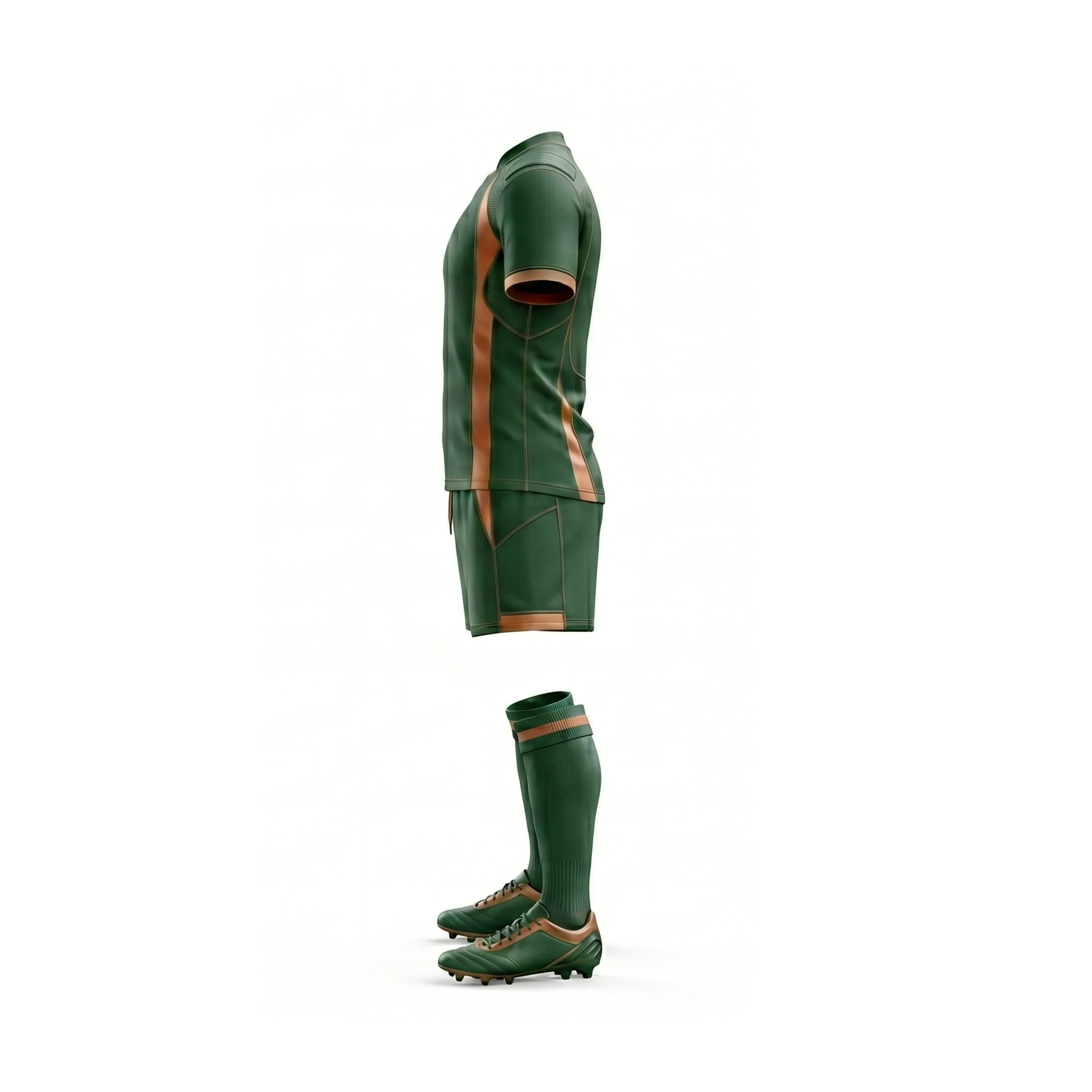 Dark green rugby uniform with orange accents, including jersey, shorts, socks, and cleats - view 3