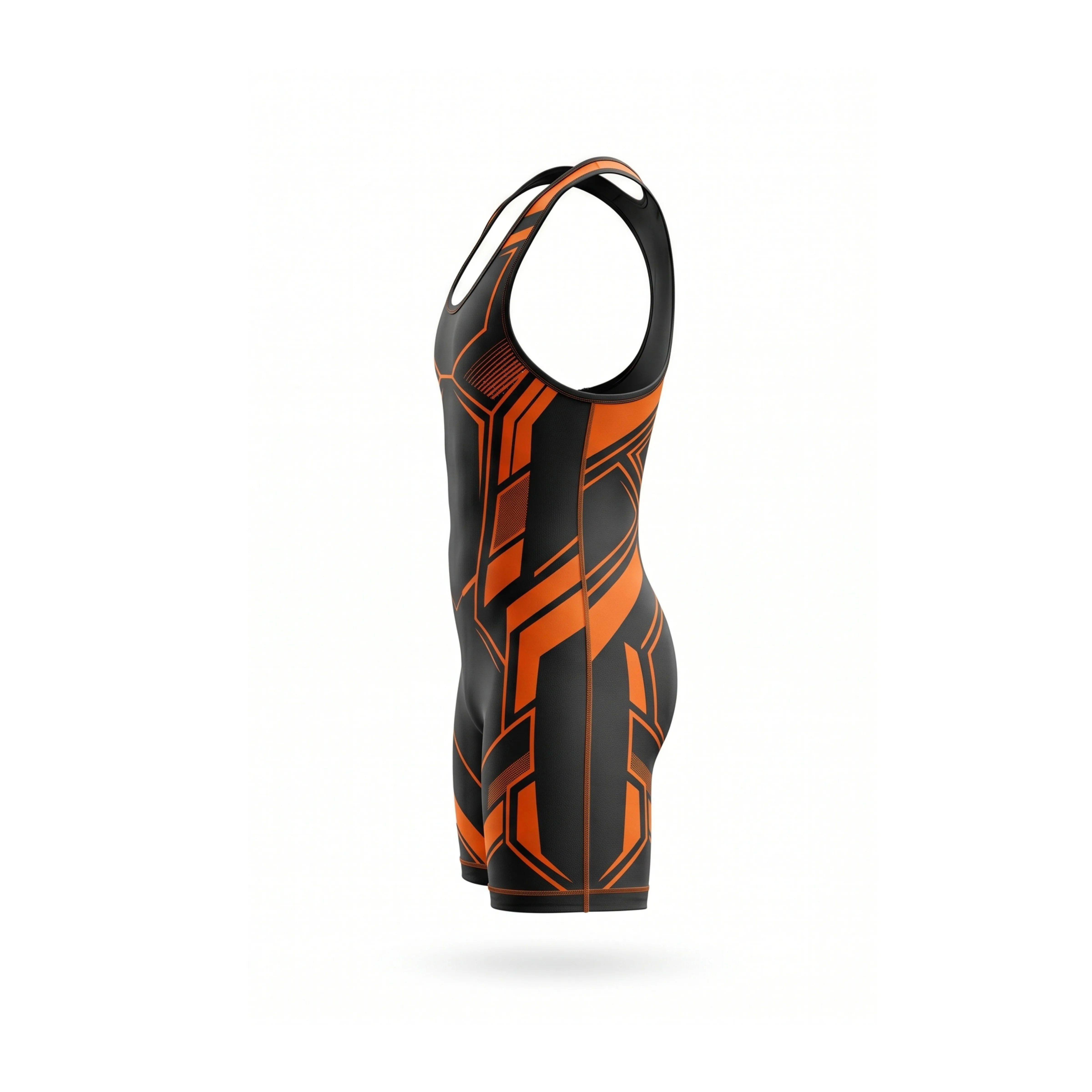 Black and orange geometric pattern wrestling singlet, front and back view - view 3