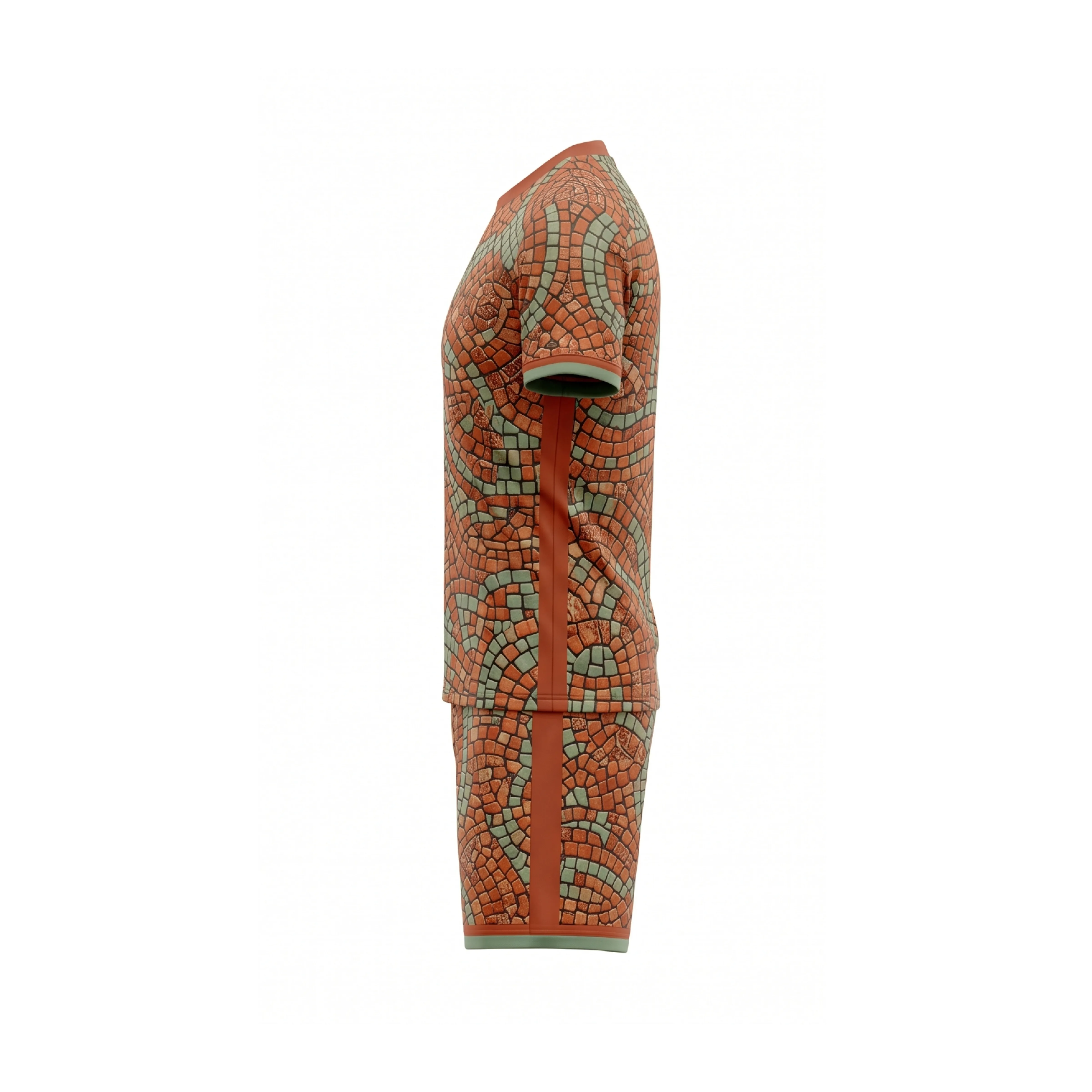 Front view of terracotta and teal mosaic pattern soccer uniform with short-sleeve jersey and matching shorts for team sports. - view 3
