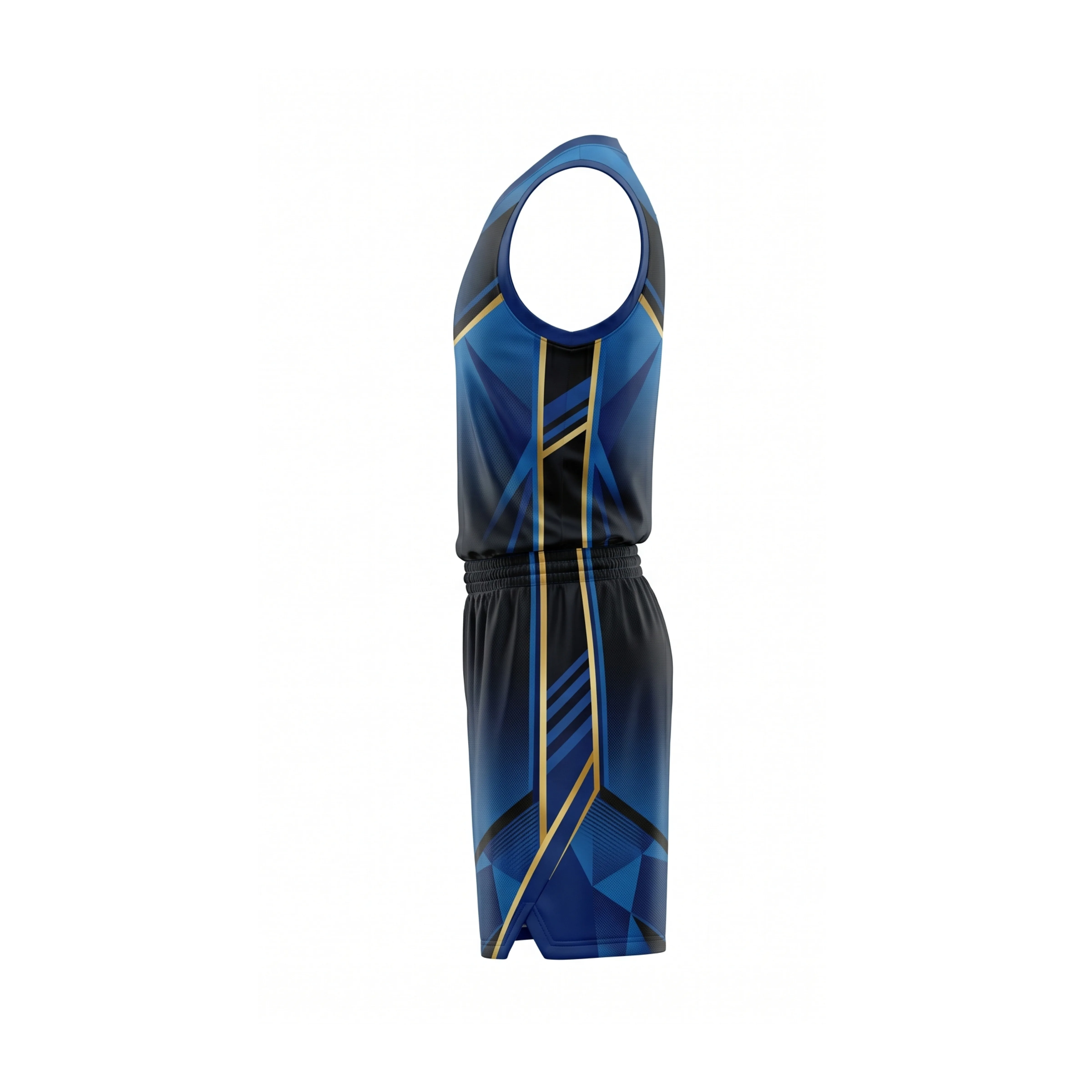 Front view of a blue and black gradient basketball uniform set with geometric patterns and gold lines, ideal for team sports. - view 3